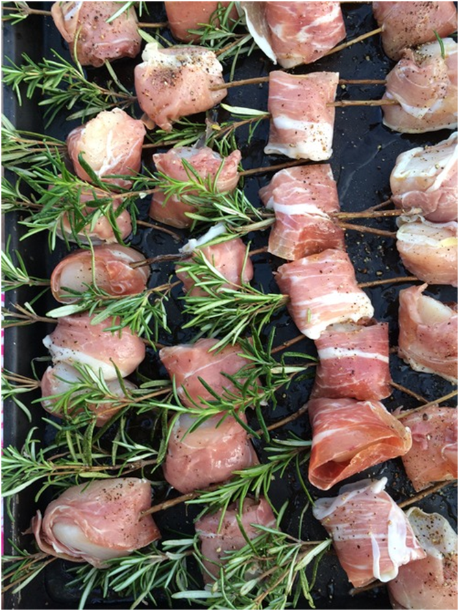 Proscuitto Wrapped Scallops on Rosemary Skewers