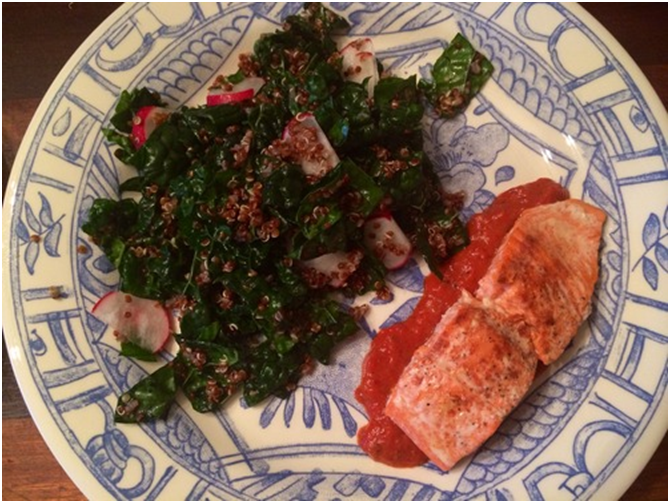 Wild Salmon over Kale and Red Quinoa with Red Pepper Coulis