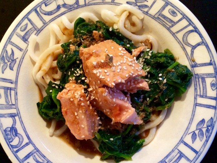 Soy Ginger Glazed Salmon with Spinach and Udon Noodles